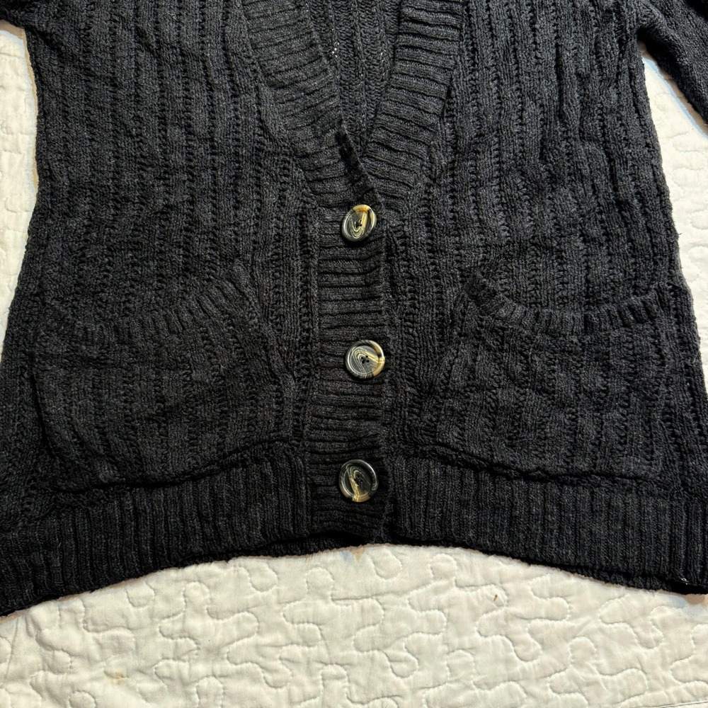 Women L Cardigan Black Cable Knit V-Neck Button Front Pockets GRANOLA GOTH BASIC - Picture 7 of 9
